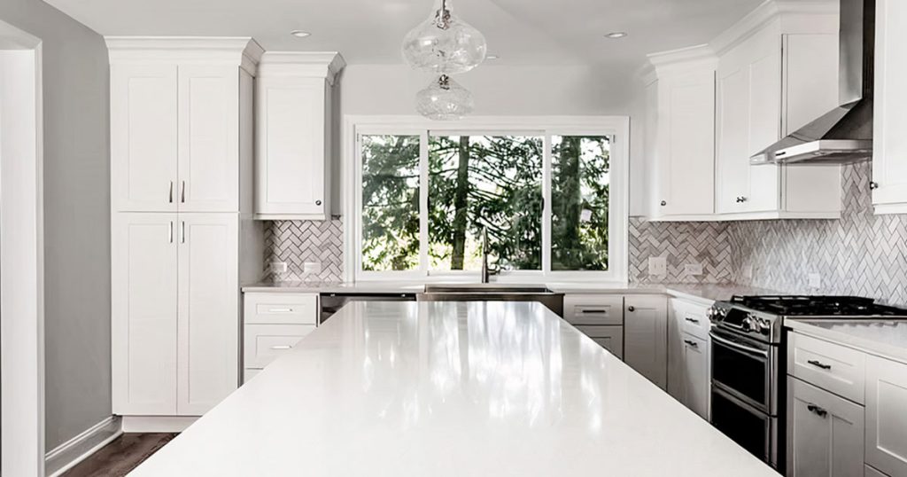 white kitchen countertop and cabinets