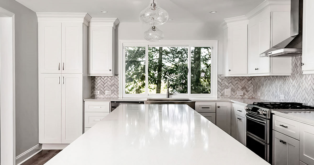 white kitchen countertop and cabinets
