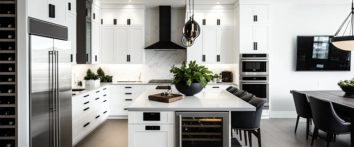 Black pulls and handles on white kitchen cabinets