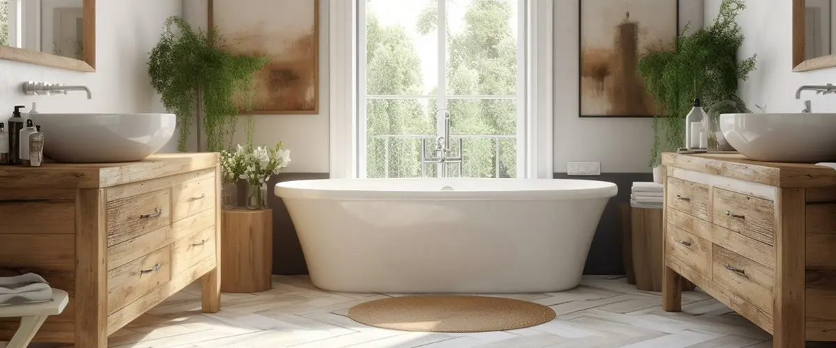 Large soaking tub with two small vanities