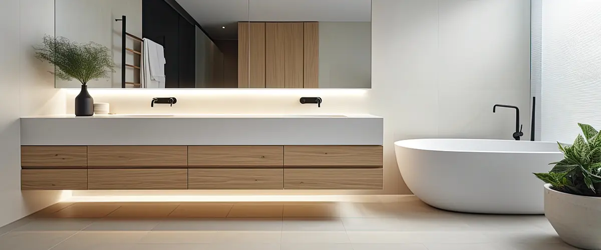 A simple bathroom design with a vanity and a tub