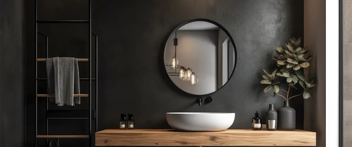 Small bathroom mirror in a space with black painted walls