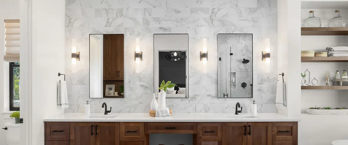 Bathroom mirror ideas with three rectangular mirrors on double wood vanity