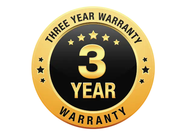A yellow and black logo that reads "three year warranty"
