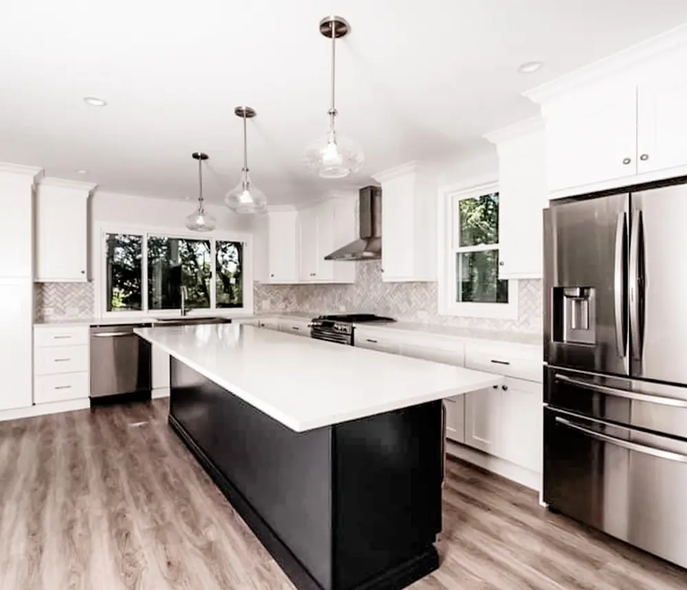 Large kitchen island countertop and upscale appliances