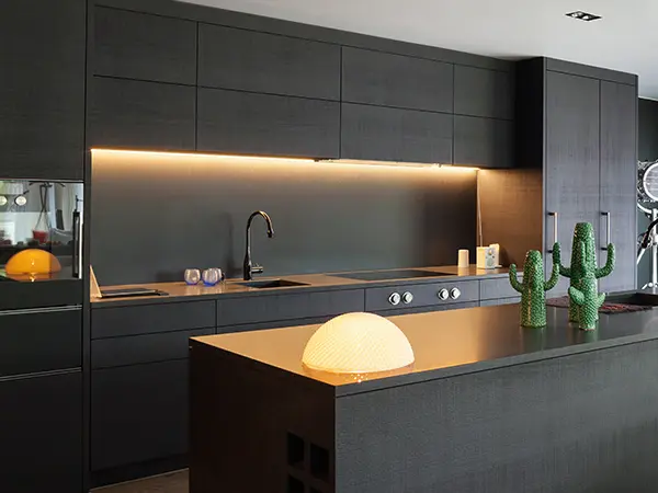 Modern black cabinets with undercabinet lights and a black countertop