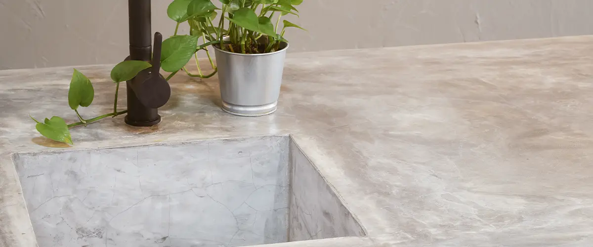Concrete countertop with sink and a plant