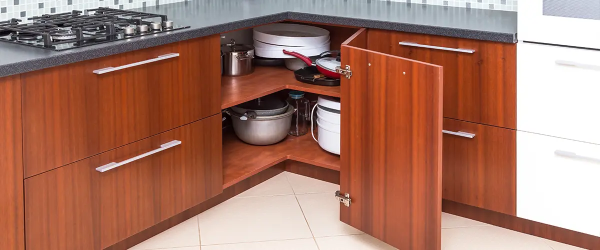 A corner solution to open the cabinet door without hitting the door