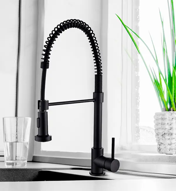 An extendable black faucet for a kitchen sink