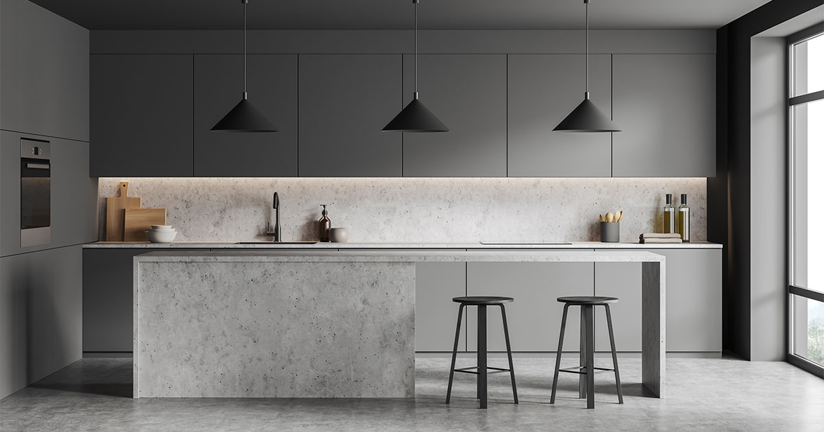 Concrete kitchen countertops in a gray kitchen