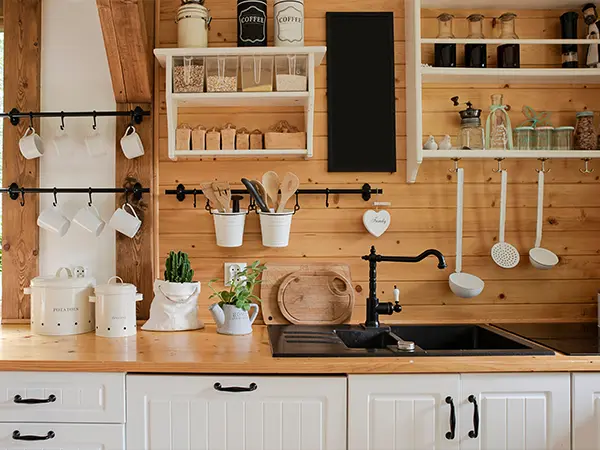 A rustic kitchen with wood features