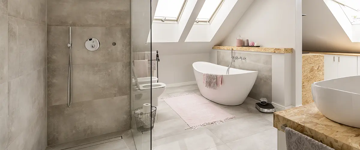 Large tile flooring and shower surround in bath