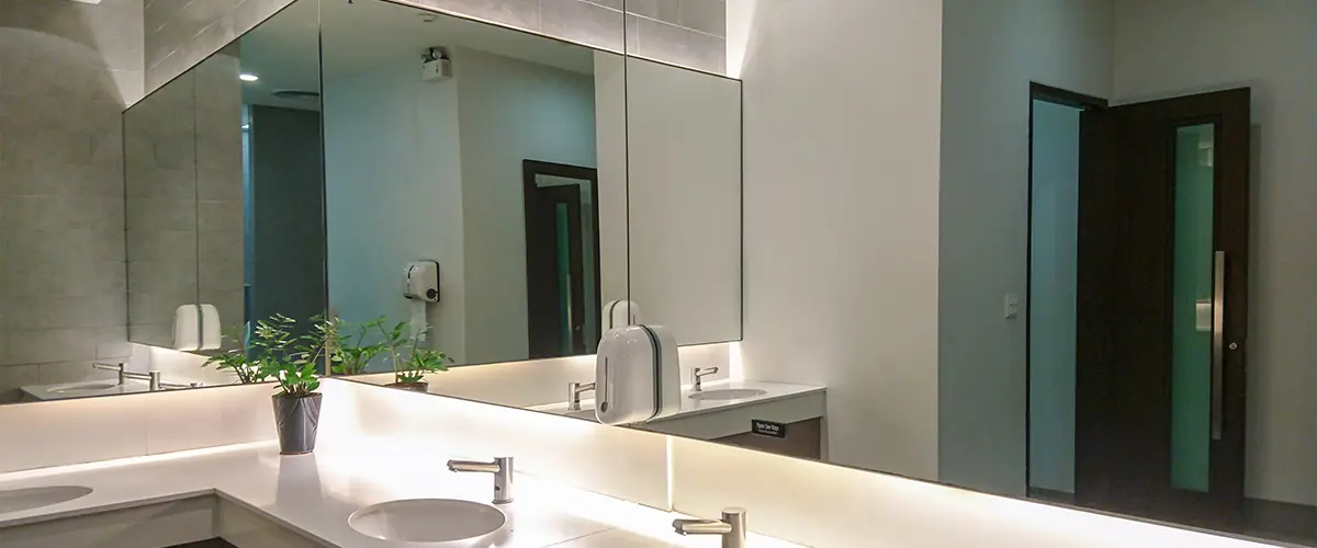 Large mirror wall in a small bathroom