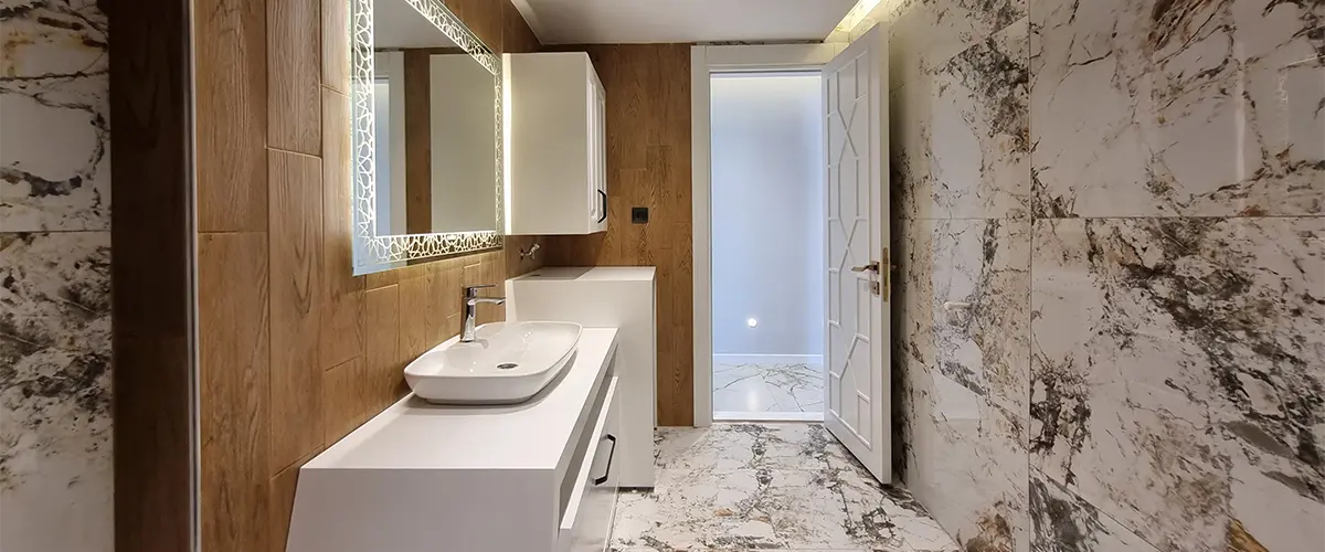 Bathroom with granite tile flooring