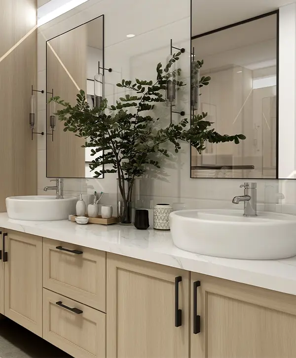 Beige vanity with two vessel sinks and a plant