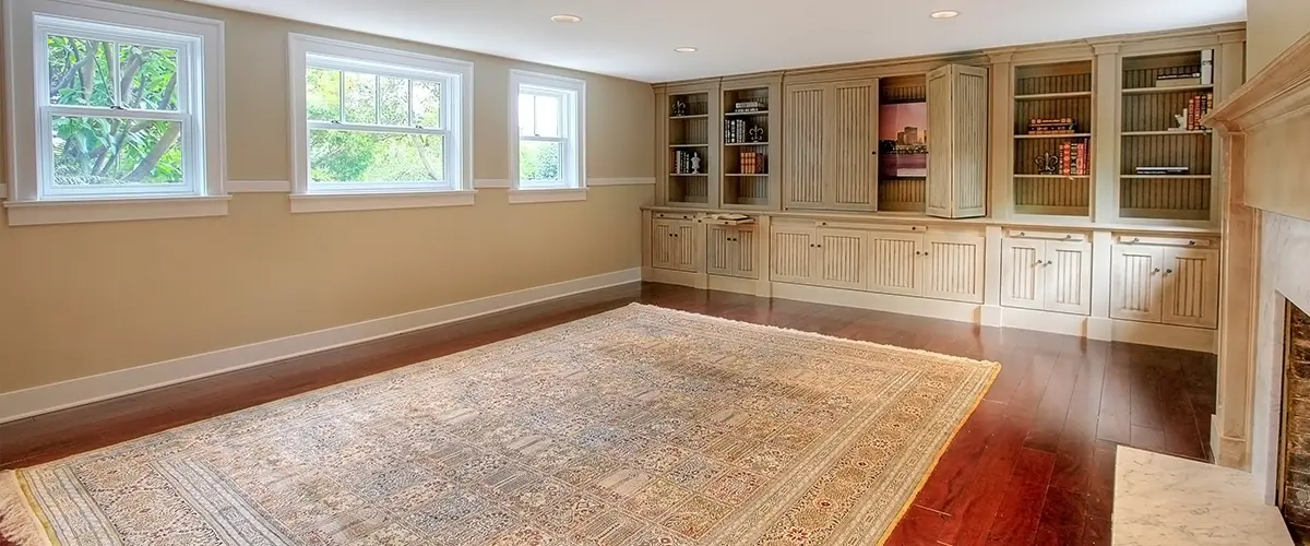 A basement remodel with wood flooring and carpet