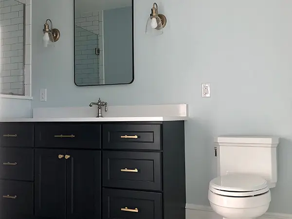 dark simple vanity with toilet installed in broomall pa