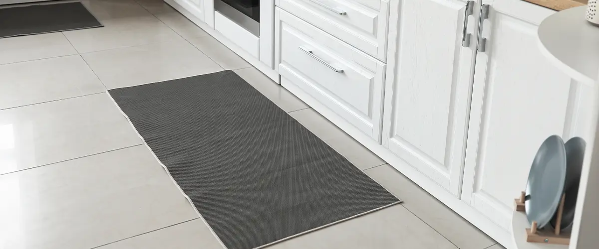 A kitchen tile flooring with a small, gray carpet