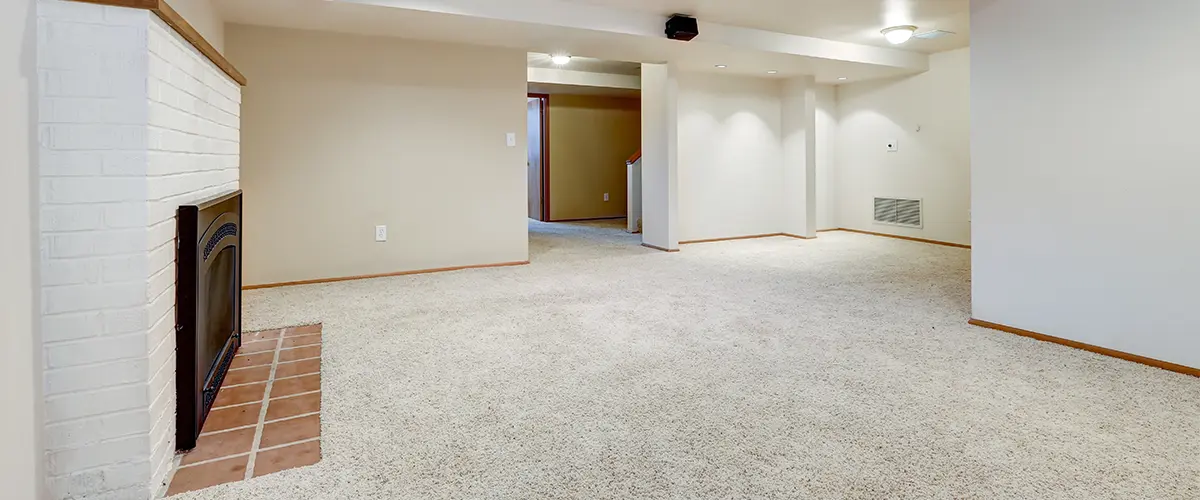 A finished basement with a fireplace about to be remodeled