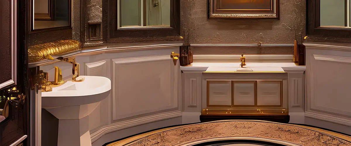 A powder room with golden hardware and water fixture