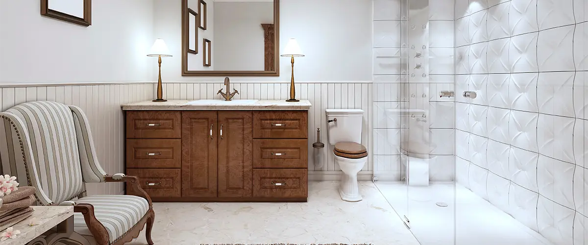 Hardwood vanity in a bathroom with walk-in shower