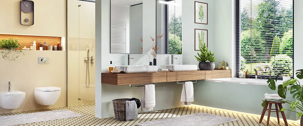 Large master bathroom with plants