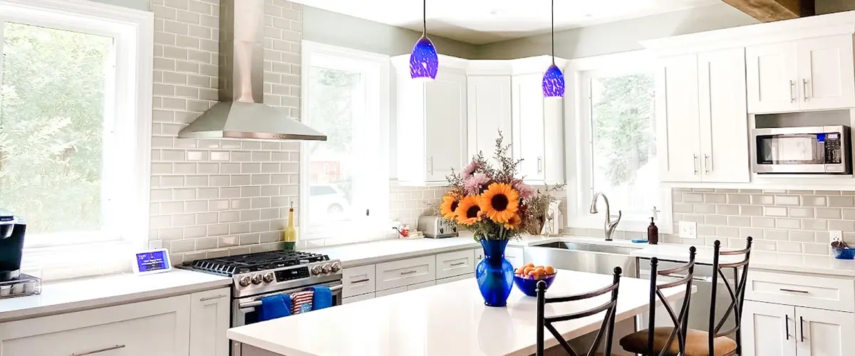 hanging pendant lights above the kitchen island