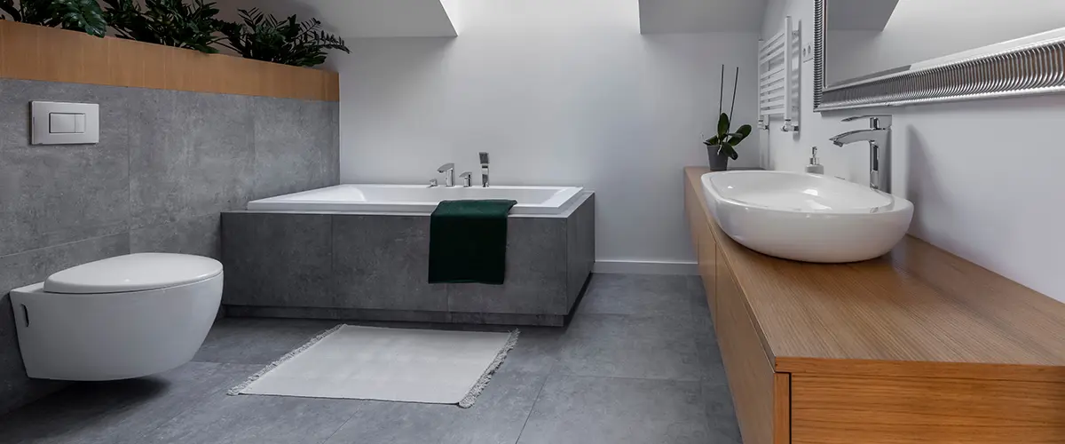modern gray bathroom interior with wood countertop