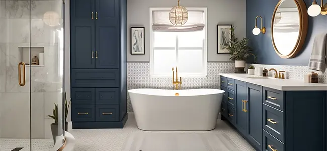 Bathroom remodel with navy blue vanity