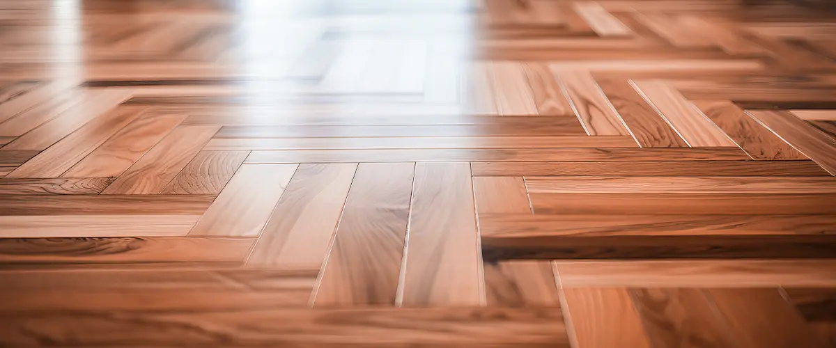 Close up of installing brown wooden parquet floor planks