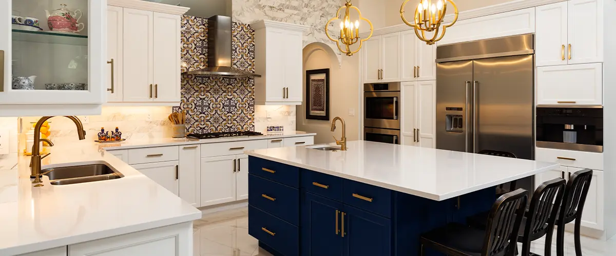 Chic Kitchen Remodeling In Berwyn with marble counters and golden lights