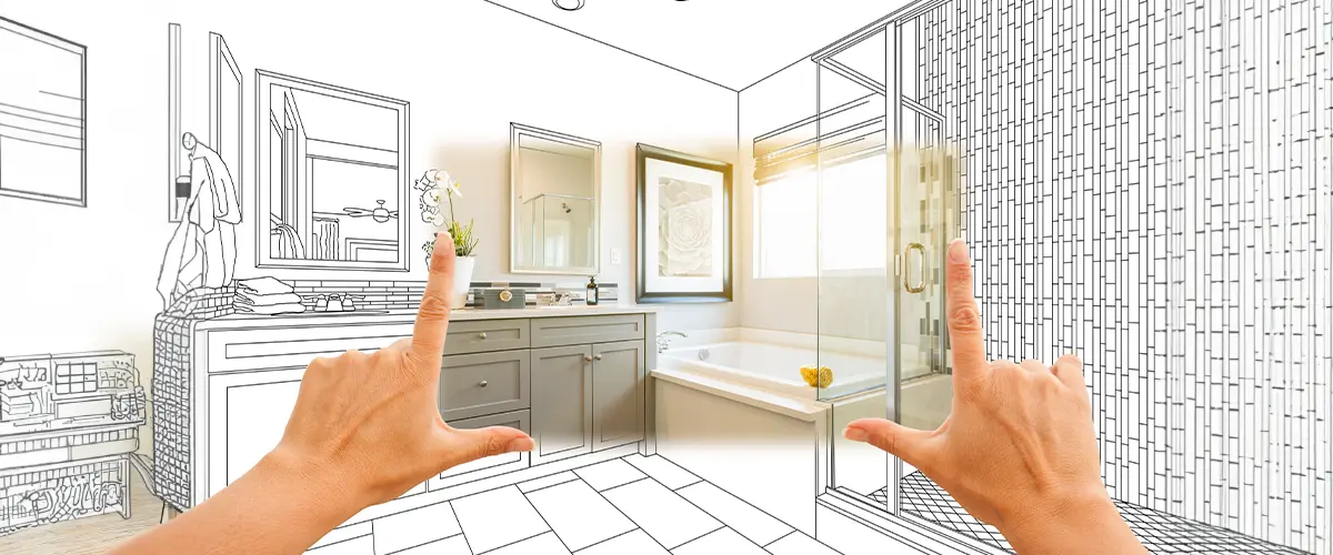 Bathroom remodeling in Berwyn showing a hand framing a design plan overlay on a modern bathroom, highlighting renovation concepts.