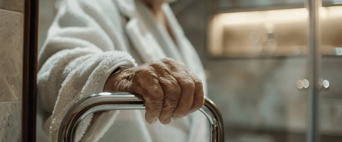 Closeup of elderly person's hand holding metal handlebar. Aging In Place Renovations In Springfield