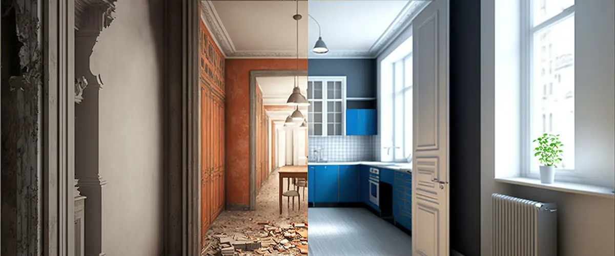 Home renovation before and after comparison showing a drastic transformation from dilapidated to modern, emphasizing home remodeling in berwyn.