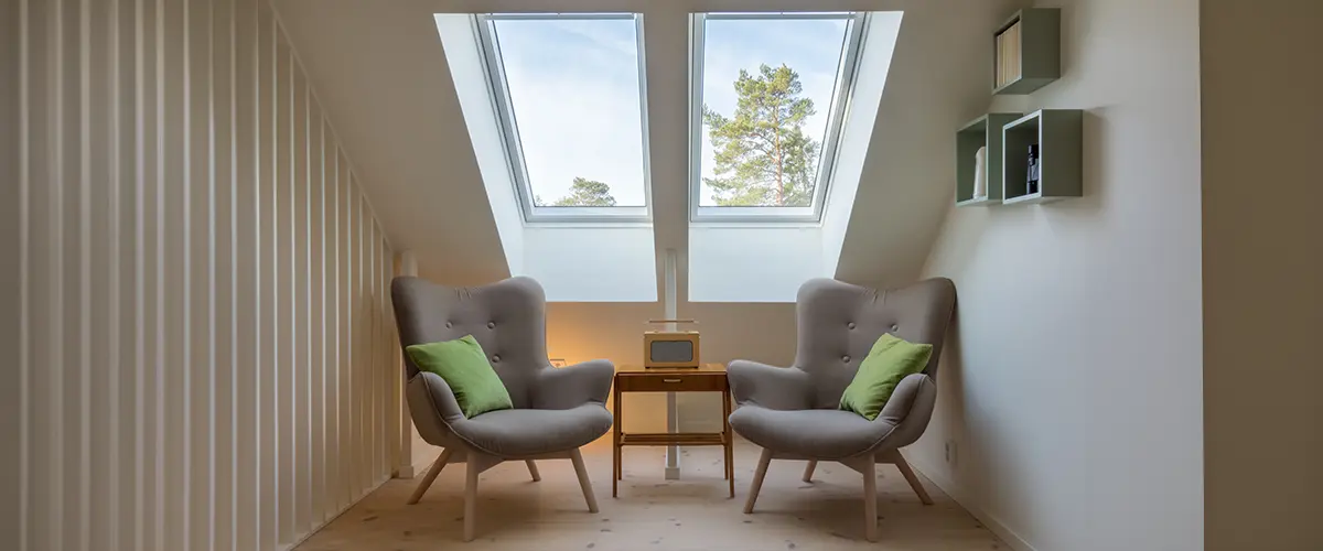 Modern retro design in a attic. Small vintage table with a radio on and two reading chairs under two skylights. Skylight Installation In Springfield