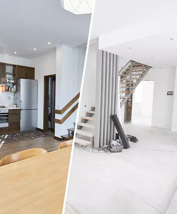 Before and after renovation of a home, showing a furnished space on the left and a construction site on the right