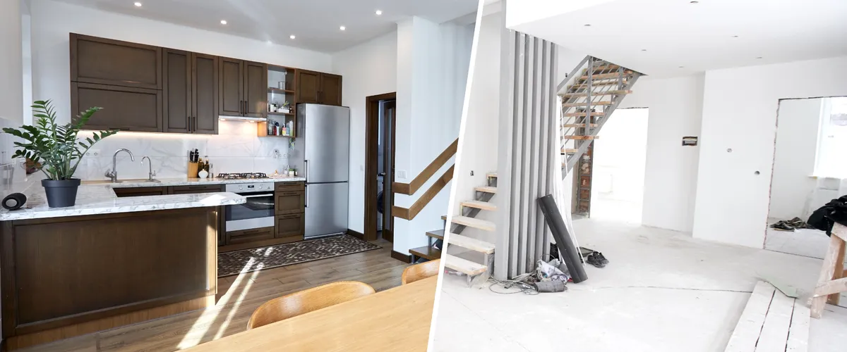 Modern home renovation comparison before and after with updated cabinetry and appliances