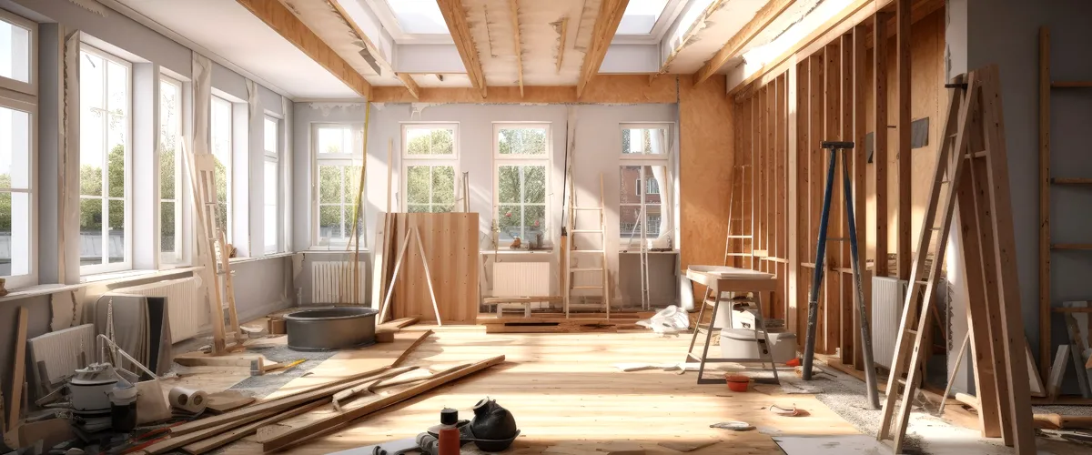 Banner of a home renovation interior with construction materials, tools, and natural light from large windows.