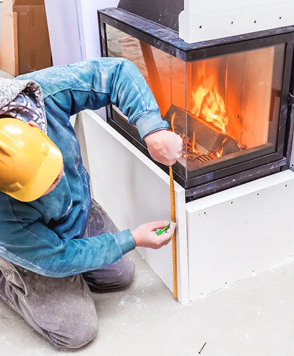 Worker measuring during the installation of a fireplace in a home construction project