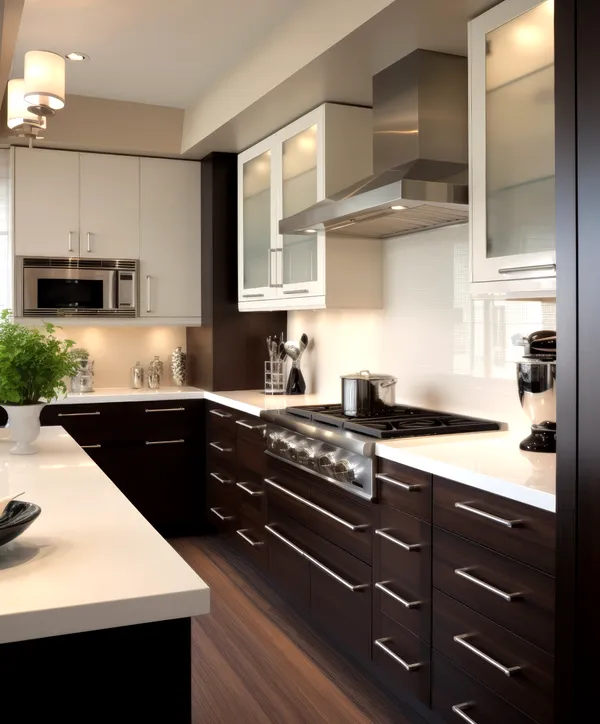 Modern kitchen interior with sleek cabinetry, stainless steel appliances, and a contemporary design