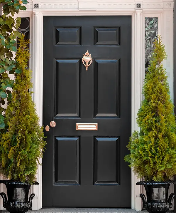 Black front door with brass accents, framed by tall green shrubs