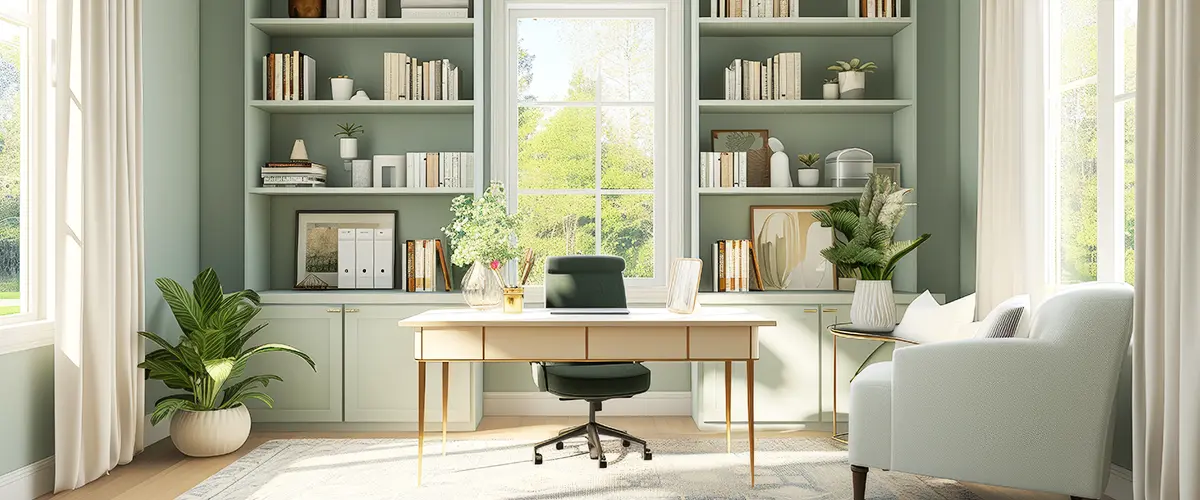 Bright home office with a large window, built-in bookshelves, and a desk in a cozy green interior