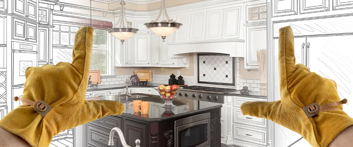 Hand in gloves framing a luxury kitchen remodel concept with a blend of design sketch and reality.