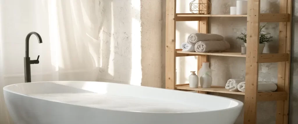 Minimalist bathroom with freestanding tub, wooden shelving, and soft natural lighting