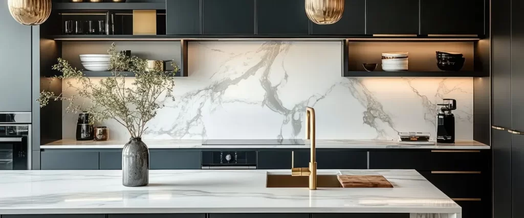 A close-up of a marble kitchen island with a black faucet and elegant floral decor