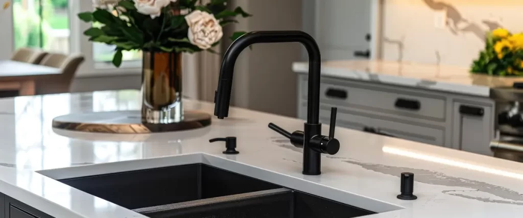 A sleek, modern kitchen with dark cabinetry, gold accents, and a marble backsplash