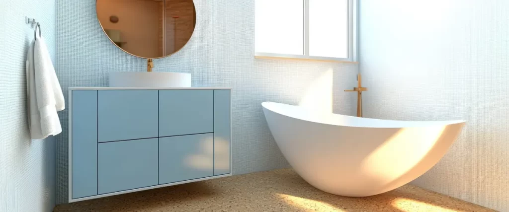 minimalist-bathroom-with-light-blue-vanity-and-white-tub