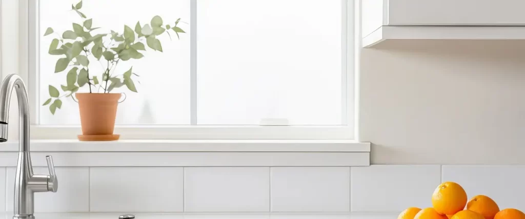 A bright minimalist white kitchen with a stainless steel faucet and a bowl of oranges on the counter