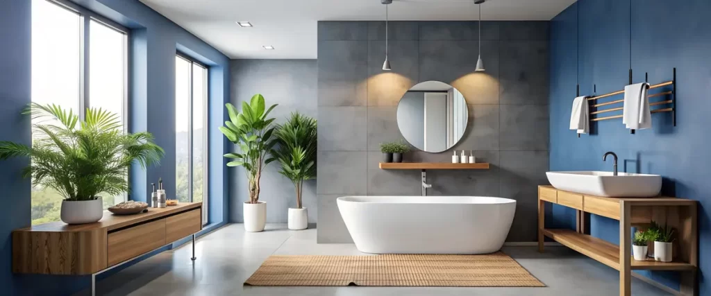 modern bathroom with blue walls, wood accents, and freestanding bathtub