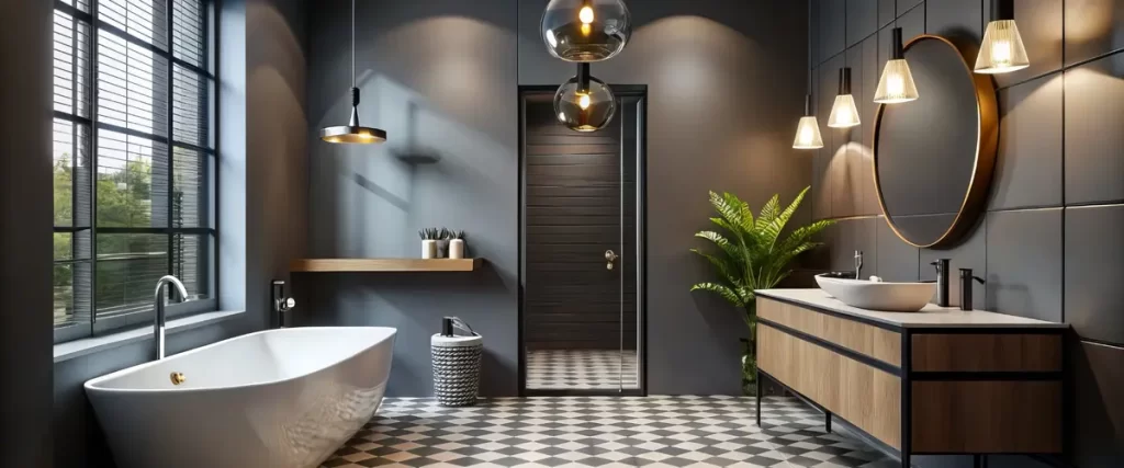 bright bathroom with marble accents, freestanding bathtub, and dual vanity